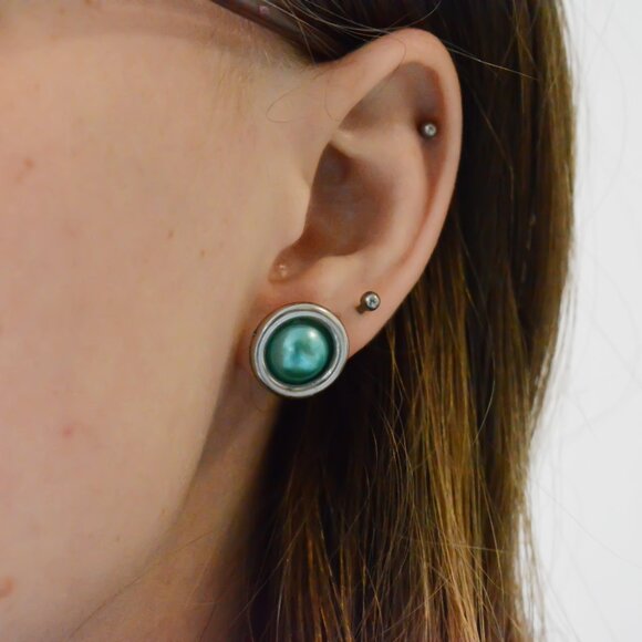Silver and Dark Teal Stud Earrings - Picture 5 of 5
